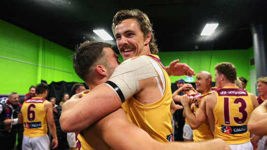 Joe Daniher celebrates the semi final win over GWS with Lachie Neale