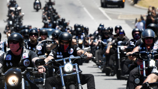 Bikies ride from the funeral home in North Perth to Pinnaroo Valley Memorial Park for Martin’s funeral. 