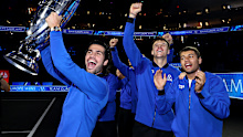 Carlos Alcaraz of Team Europe celebrates with the Laver Cup.