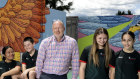 Craig Butler, principal of Eagle Vale High School in Sydney with students Sofia Faumuina, William Willis, Mia Al-Ali and Amelia Sparks. The school has turned around poor discipline and misbehaviour in just two years with a corresponding improvement in academic results.