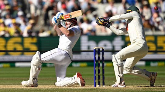Harry Brook takes a big hit as England chase Australia's total.