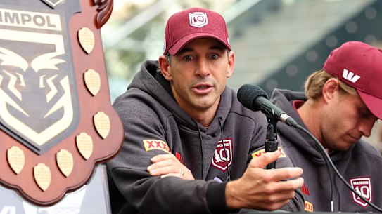 PERTH, AUSTRALIA - JUNE 17: Billy Slater of the Queensland Maroons addresses the media during a State of Origin media opportunity at Forrest Place on June 17, 2025 in Perth, Australia. (Photo by Paul Kane/Getty Images)