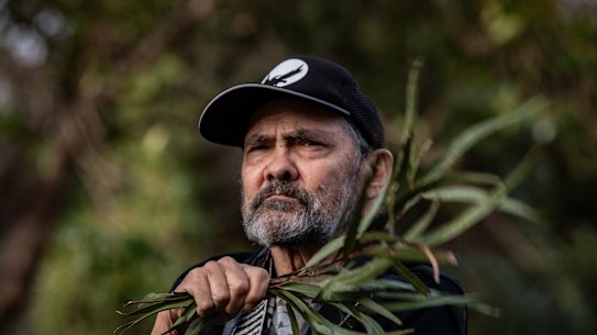 Aboriginal elder Uncle Robbie Thorpe at Camp Sovereignty.