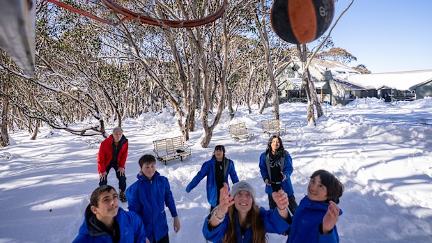 Alpine School campus principal Russell Shem shoots hoops with students Dylan Pilkington, 14, Terence Ioannou 14, Gloria Hong Nhien Bui 14, Samara Wahab Rahman 14, Ryan Braid, 14, and Edie Clutterbuck, 14.