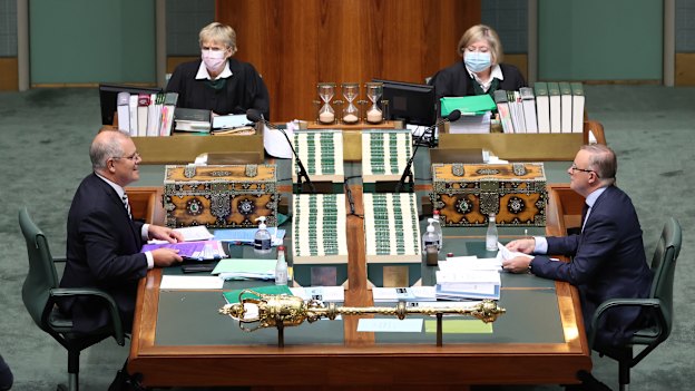 Prime Minister Scott Morrison and Opposition Leader Anthony Albanese during question time. The recurring theme in the poll is the drift away from the government by voters who do not have a firm sense of where they might come to a stop.