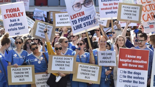 Nurses and doctors protest ourside Perth Children’s Hospital on May 25.