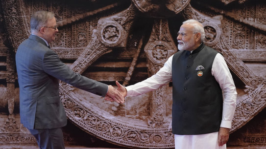 Indian Prime Minister Narendra Modi welcomes Anthony Albanese upon his arrival for the G20 Summit.