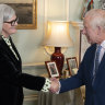 Governor-General Samantha Mostyn meets King Charles at Buckingham Palace in May. 