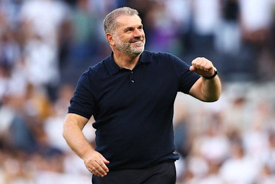 Ange Postecoglou soaks up the adulation of the Tottenham Hotspur fans in August last year. “So much of my childhood was trying to overcome having Postecoglou as a surname, and now they’re making it into songs … It’s crazy.”
