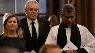 Prime Minister Scott Morrison and wife Jenny at a prayer service to commemorate the death of Prince Philip at St Andrew’s Cathedral in Sydney. 