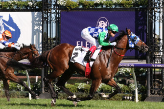 Craig Williams steers Fifty Stars to victory in the Blamey Stakes at Flemington on Saturday.