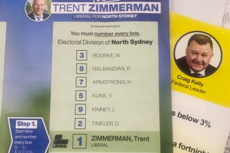 Unlike other Liberals nearby, North Sydney MP Trent Zimmerman has placed the United Australia Party low on his how-to-vote card.