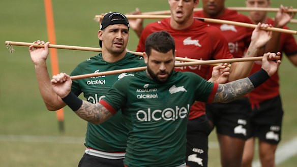 Cody Walker and Adam Reynolds at Souths training yesterday.