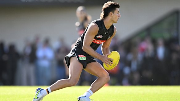 Nick Daicos assesses his options during Collingwood’s intraclub practice match.