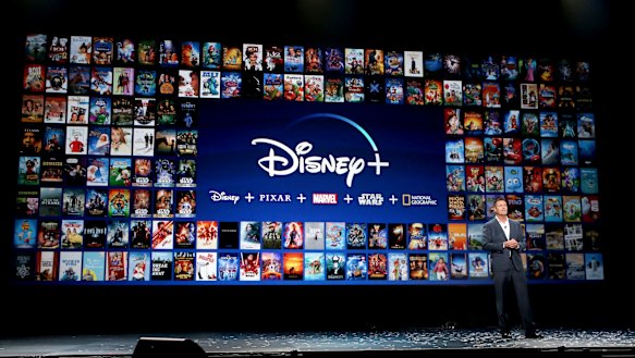 Kevin Mayer unveils Disney+ at the 2019 D23 Expo in Los Angeles.