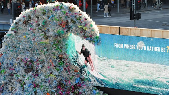 A 1,580kg "wave of waste" unveiled by Corona in Melbourne on June 4.