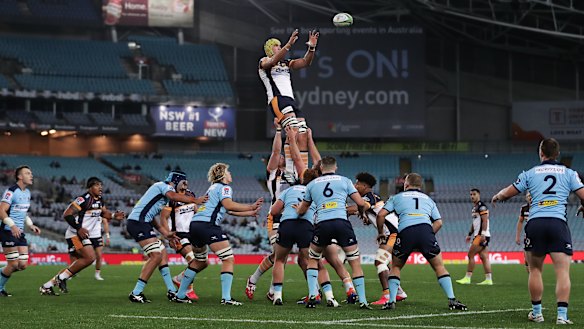 Darcy Swain of the Brumbies is lifted in a lineout against the Waratahs in round three. 