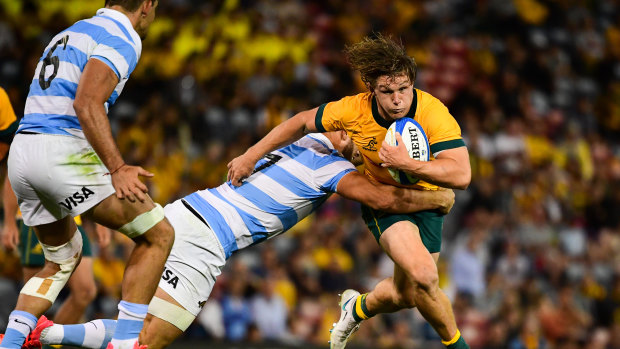 Wallabies captain Michael Hooper take a carry at McDonald Jones Stadium during last year’s Test against Argentina. 