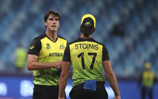 Pat Cummins and Marcus Stoinis are part of an Australia team that is struggling at the T20 World Cup.