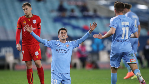 City's Adrian Luna celebrates scoring a goal during the Tuesday night's match against Adelaide United.