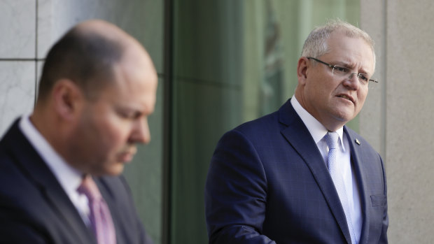 Prime Minister Scott Morrison during a press conference on jobs figures and unemployment at Parliament House on  Thursday.
