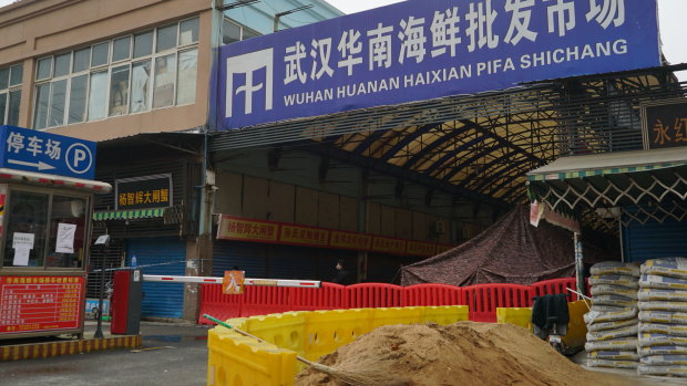The Wuhan Huanan Wholesale Seafood Marketa, where COVID-19 is said to have originated.