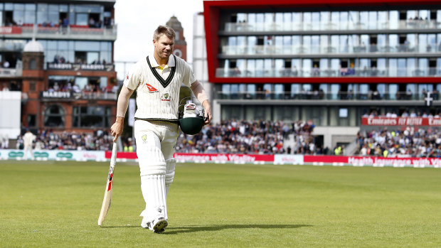 An all-too familiar sight this series, Warner returning to the pavilion after a short stay at the crease.