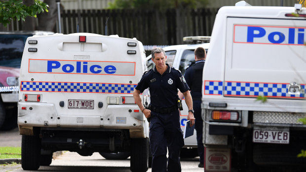 Police at a crime scene just north of Brisbane in April after a man was shot dead at a unit block.