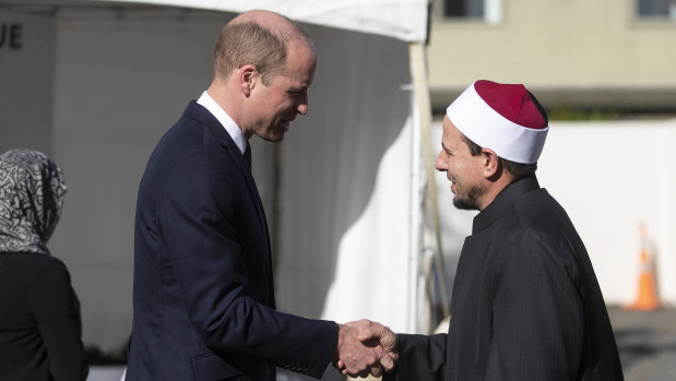 Prince William, Duke of Cambridge, greets Imam Gamal Fouda at Masjid Al Noor, in Christchurch, last week.