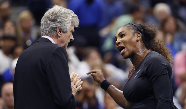 Serena Williams, right, talks with referee Brian Earley during the women's final of the US Open.