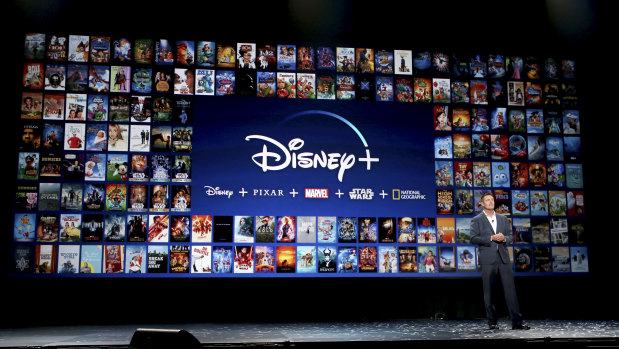 Kevin Mayer unveils Disney+ at the 2019 D23 Expo in Los Angeles.