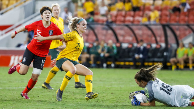Clean take: Australian goalkeeper Mackenzie Arnold in action during the Cup of Nations against the Korea Republic.