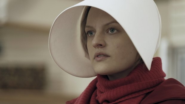 Elizabeth Moss as Offred in the TV series of Margaret Attwood's dystopian novel The Handmaid's Tale.