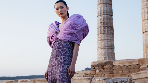 Mary Katrantzou's epic show at the ancient Temple of Poseidon on Cape Sounion, in Greece.