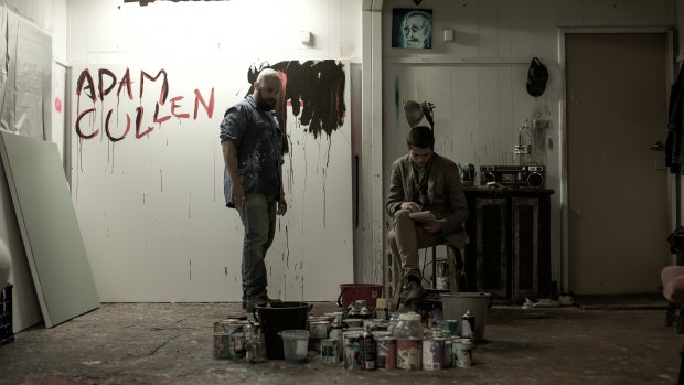 Adam Cullen (Daniel Henshall) and Erik Jensen (Toby Wallace) in Cullen's studio in a scene from <i>Acute Misfortune</i>.
