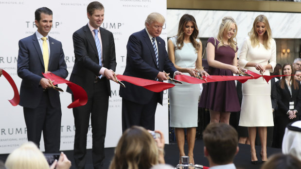 The opening of Trump International Hotel in 2016. From left: Donald Trump jnr, Eric Trump, Donald Trump, Melania Trump, Tiffany Trump and Ivanka Trump.