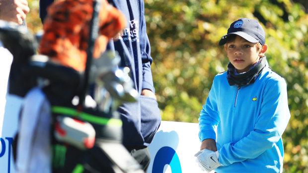 Charlie Woods of the United States looks on from the 10th tee during the pro-am prior to the PNC Championship at the Ritz-Carlton Golf Club Orlando on December 18, 2020 in Orlando, Florida.