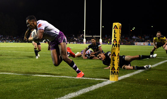 Runaway Carr: Josh Addo-Carr crosses for a Storm try in their humbling of the Panthers.
