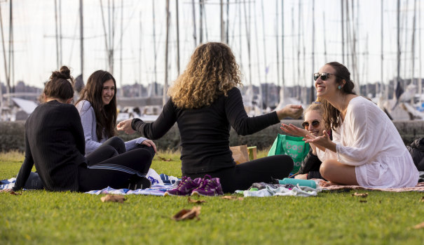 Friends catching up after lockdown restrictions eased at Rushcutters Bay Park last weekend.