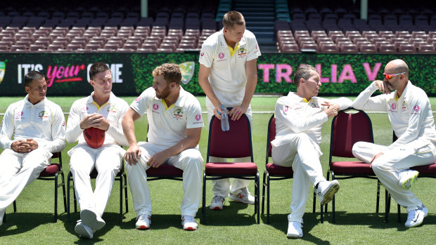 Recall: Marnus Labuschagne (standing) poses for a team photo at the SCG on the eve of the fourth Test with Usman Khawaja, Shaun Marsh, Aaron Finch, Peter Siddle and Nathan Lyon.