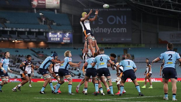 Darcy Swain of the Brumbies is lifted in a lineout against the Waratahs in round three. 