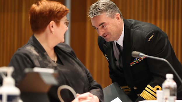 Minister for Foreign Affairs Marise Payne and Rear-Admiral Jonathan Mead during a Senate estimates hearing. Mead was a crucial choice to lead the pursuit of SSNs.