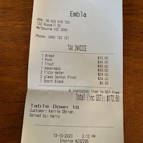 The bill for lunch at Embla.