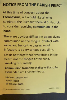 A notice to parishioners of St Patrick's Church Hill.