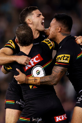 Nathan Cleary celebrates after booting his team to victory in golden point.