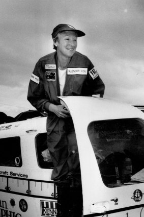 Gaby Kennard after arriving at Bankstown Airport. November 10, 1989.