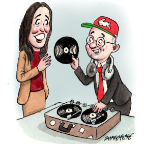 Spinning a tune: Anthony Albanese and Jacinda Ardern.