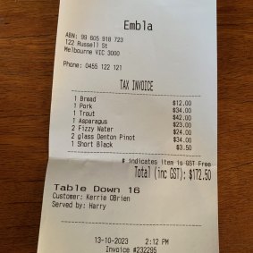 The bill for lunch at Embla.
