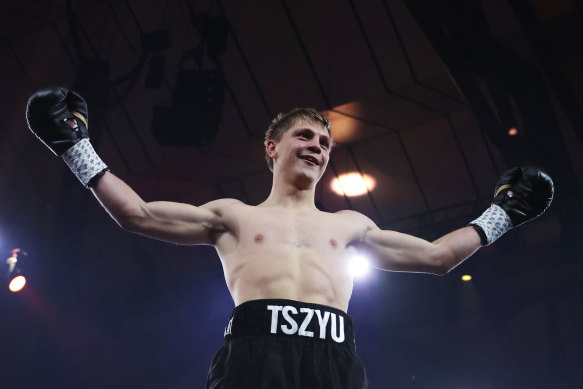 Nikita Tszyu after defeating Benjamin Bommber during their super-welterweight bout at Margaret Court Arena on Wednesday night.