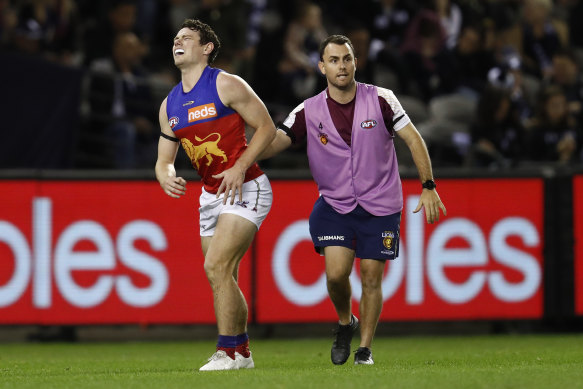 Lachie Neale just after he injured his ankle against Carlton in round six. 